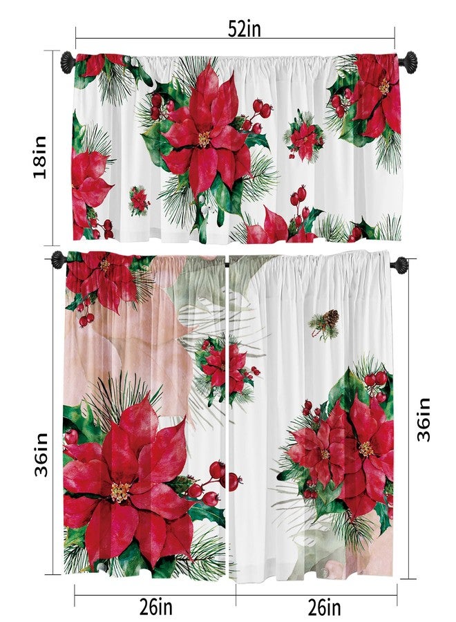 Deztibos Christmas Poinsettia Curtain Valances Set - Upper & Lower Curtains, 52'' L x 18'' W & 36'' L x 26'' W, Kitchen Windows Decor, 3 Piece Set, Red - Image 2